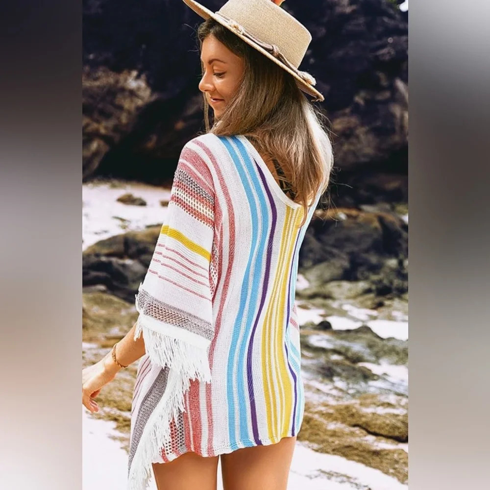 Cupshe Crocheted Boho Poncho, Beach Cover Up. Multicolor Ones Size W/ Fringe